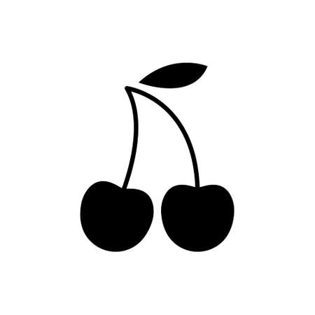 Cherry with Leaf Sweet Black Silhouette Icon. Gambling Lucky Gaming Jackpot Play Casino Glyph Pictogram. Organic Freshness Healthy Nature Food Fruit Berry Flat Symbol. Isolated Vector Illustrationのイラスト素材