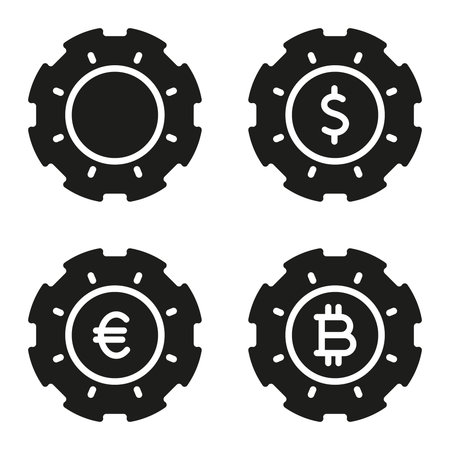 Casino Poker Money Currency Black Silhouette Icon. Gamble Poker Betting Chip Set Sign. Fortune Game Gambling Bet Flat Symbol. Luck Dollar Euro Bitcion Glyph Pictogram. Isolated Vector Illustrationのイラスト素材