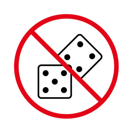 Ban Black Two Dice Line Icon. Forbidden Gambling Bet Pictogram. No Allowed Dice Play Sign. Backgammon Prohibited. Play Cube Risk Red Stop Outline Symbol. Isolated Vector Illustrationのイラスト素材