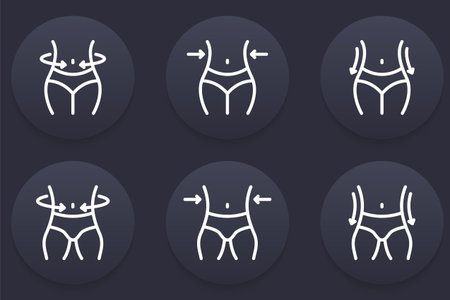 Slimming Waist. Woman and Man Loss Weight Line Icon. Shape Waistline Control Outline Icon. Set of Female and Male Body Slimming Linear Pictogram. Isolated Vector Illustrationのイラスト素材