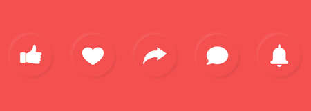 Social Media Button in Neumorphism Style. UI, UX Design Elements. Digital Circle Element for Application Interface. Share, Like, Thumb Up, Subscribe, Share, Notification Button. Vector Illustrationのイラスト素材