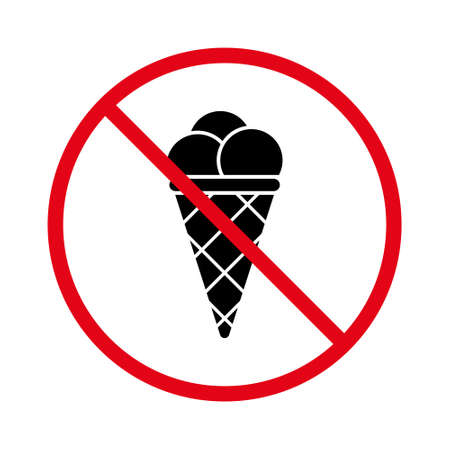 Restricted Eat Food Zone Red Symbol. No Allowed Ice Cream Information Sign. Ban Entry with Ice Cream in Waffle Cone Rule Black Silhouette Icon. Forbid Sundae Pictogram. Isolated Vector Illustrationのイラスト素材
