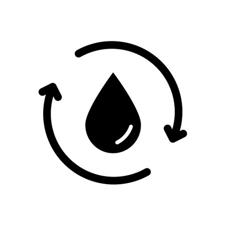 Recycle or Reuse Water Silhouette Icon. Save world. Recycle symbol. Water Drop with 2 Sync and Circular Arrows. Renew of Liquid. Vector Isolated Illustrationのイラスト素材