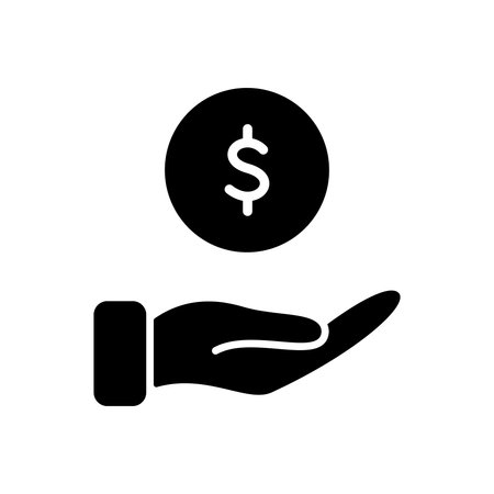 Hand with Dollar Coin Silhouette icon. Charity and Donation Concept. Financial Help for Needy. Sponsorship Supporter Black Icon. Vector illustrationのイラスト素材