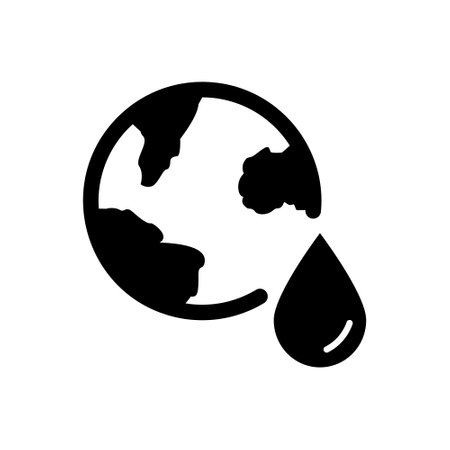 Planet Earth and Water Drop Silhouette Icon. Concept of Save Water. World Water Day. Global Resources of Liquid of Earth Black Icon. Symbol of Ecology and Environment. Vector illustrationのイラスト素材