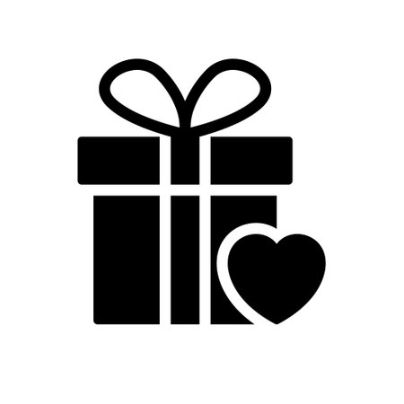 Gift Box with Ribbon Bow and Heart Silhouette Icon. Giftbox in Donation and Charity Concept Black Pictogram. Surprise Box for Holiday Icon. Isolated Vector Illustrationのイラスト素材
