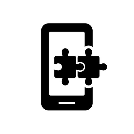 Puzzle Application in Mobile Phone Silhouette Icon. Jigsaw in Cell Phone Glyph Pictogram. Smartphone with Puzzle. Mobile App Success Digital Game. Teamwork Concept Icon. Isolated Vector Illustrationのイラスト素材