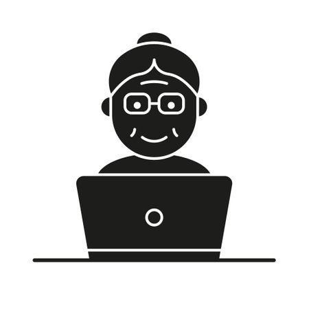 Old Senior Woman Influencer Silhouette Icon. Positive Retired Blogger Creating Content Black Pictogram. Elder Person with Computer Icon. Isolated Vector Illustrationのイラスト素材