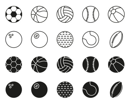 Collection of Balls for Basketball, Baseball, Tennis, Rugby, Soccer, Volleyball, Golf, Pool, Bowling Line and Silhouette Icon. Set of Sport Game Balls Icon. Editable Stroke. Vector Illustrationのイラスト素材