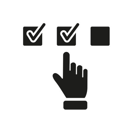 Questionnaire Black Icon. Hand Tick Checkmark Silhouette Icon. Choice Checkbox in Checklist. Finger Choice Check List Pictogram. Digital Application. Isolated Vector Illustrationのイラスト素材