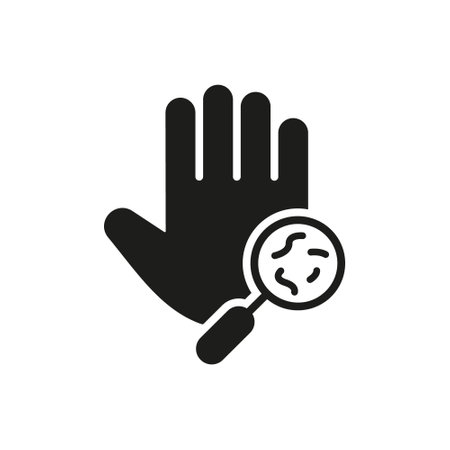Bacteria, Germs, Microbes and Bacilli on Dirty Hand Palm Silhouette Icon. Magnifier and Human Hand with Virus and Bacteria. Medical Research of Virus Skin Diseases. Isolated Vector illustrationのイラスト素材