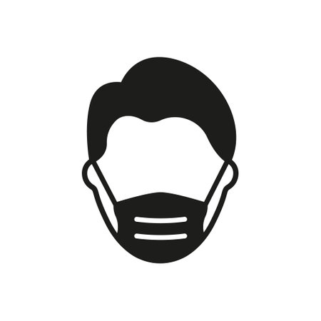 Man in Face Mask Silhouette Icon. Medical Face Protection Mask Cover Mouth and Nose of Human. Wear Respirator against Virus, Air Pollution, Dust and Allergy. Isolated Vector illustrationのイラスト素材