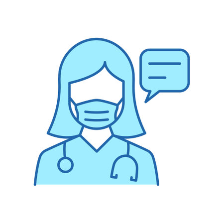 Doctor in Mask with Speech Bubble Consultation Concept Line Icon. Healthcare Chat Outline Icon. Physician Talking Color Pictogram. Medic Conversation. Editable Stroke. Isolated Vector Illustrationのイラスト素材