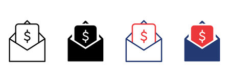 Envelope with Payment Bill Icon. Dollar Bill Pictogram. Financial Reward, Payment and Transfer Icon. Opened Envelope with Money. Editable stroke. Vector illustrationのイラスト素材