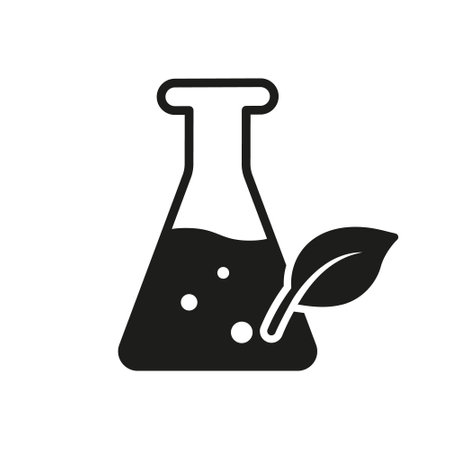 Glass Flask with Leaf Plant Silhouette Icon. Science Chemistry Natural Research Experiment Black Logo. Nature Bio Laboratory Sign. Paraben Free Symbol. Isolated Vector Illustrationのイラスト素材