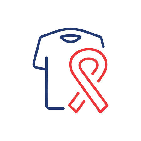 Clothing Help for Patients Cancer, Aids, Hiv Line Icon. T-shirt with Ribbon Support Cancer Patient Linear Pictogram. Clothes Donation Outline Icon. Editable Stroke. Isolated Vector Illustrationのイラスト素材