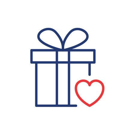 Gift Box with Ribbon Bow and Heart Line Icon. Giftbox in Donation and Charity Concept Linear Pictogram. Surprise Box for Holiday Outline Icon. Editable Stroke. Isolated Vector Illustrationのイラスト素材