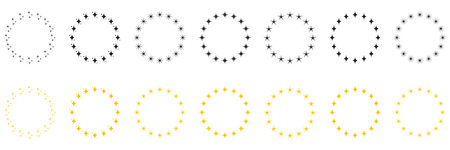Stars in Circle Shape Silhouette Icon Set. Modern Round Award Frame with Gold and Black Stars Pictogram. Circular Decor Ornament Icon on White Background. Isolated Vector Illustrationのイラスト素材