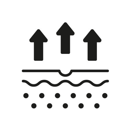 Skin Water Loss Pictogram. Moisture Evaporation of Skin Silhouette Icon. Skin Structure and Arrows Up Moisture Wicking Process, Skin Odor Concept Glyph Icon. Isolated Vector Illustrationのイラスト素材
