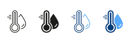 Water Temperature Indicator Silhouette and Line Icon Set. Mercury Thermometer and Water Drop Color Pictogram. Temperature and Humidity Level Sign Collection. Isolated Vector Illustrationのイラスト素材