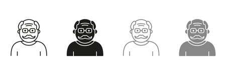 Old Man, Senior Person Silhouette and Line Icon Color Set. Happy Elder Man Pictogram. Old Grandfather Symbol Collection on White Background. Retirement Concept. Isolated Vector Illustrationのイラスト素材