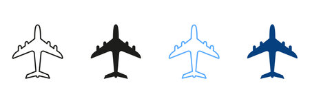 Airplane Line And Silhouette Color Icons Set. Aviation Jet, Airplane Pictogram. Travel Tourism Outline And Solid Symbols Collection On White Background. Isolated Vector Illustrationのイラスト素材