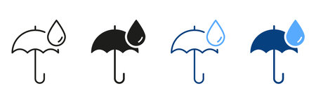 Umbrella Protective from Rain Silhouette and Line Icon Set. Umbrella with Drop Sign. Rain Concept Black and Color Pictogram Collection. Isolated Vector Illustrationのイラスト素材