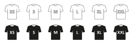 T-shirt Size Black Silhouette and Line Icons Set. Human Clothing Size Label. Man or Woman T-Shirt Size Tag. Isolated Vector Illustrationのイラスト素材