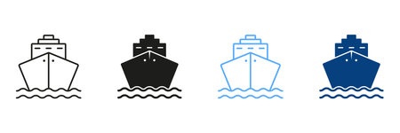 Set Of Line And Silhouette Color Icons Of Cruise Ships. Ocean Vessel Pictogram. Symbols Collection Of Cargo Ship, Cargo Marine Transport on White Background. Isolated Vector Illustrationのイラスト素材