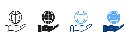 Global Learning, Distance Education, Online Courses Symbol. International Education Silhouette and Line Icon Set. Hand Holds Earth Color Sign Collection. Isolated Vector Illustrationのイラスト素材