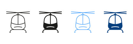 Helicopter Line And Silhouette Color Icons Set. Pictogram Of Air Transport. Collection Of Solid and Outline Symbols Of Military Aircraft on White Background. Isolated Vector Illustrationのイラスト素材