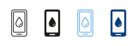 Water Drink Reminder Silhouette and Line Icon Set. App of Daily Water Tracker for Mobile Phone. Smartphone with Application for Reminding Drink Dose. Water Planner Sign. Vector Isolated Illustrationのイラスト素材