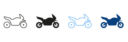Motorcycle, Scooter And Motorcycle Line And Silhouette Signs. Set Of Color Icons Of Motorcycle, Sport Bike. Collection Of Motorcycle Transportation Symbols. Isolated Vector Illustrationのイラスト素材