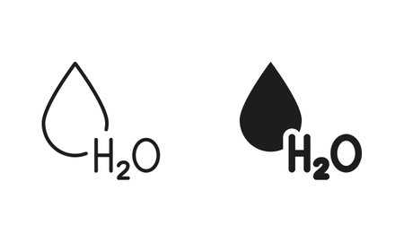 H2O Silhouette and Line Icon Set. Water Drop Black Sign Collection. Chemical Formula for Water. Symbol of Fresh Aqua Symbols. Isolated Vector Illustrationのイラスト素材
