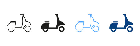 Motorcycle for Delivery Service Outline and Solid Sign Collection on White Background. Scooter Line and Silhouette Color Icon Set. Moped, Motorbike, Motorcycle Pictogram. Isolated Vector Illustrationのイラスト素材