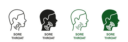 Painful Sore Throat Symbol Collection. Sore Throat Line and Silhouette Icon Set. Male Head with Symptoms of Angina, Flu, Cold Pictogram. Isolated Vector illustrationのイラスト素材