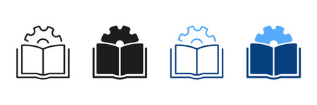 Technical Guide Book and Color Pictogram. Customer Guide Technical Documentation. User Manual Document Line and Silhouette Icon Set. Open Book and Gear Symbol Collection. Isolated Vector Illustrationのイラスト素材