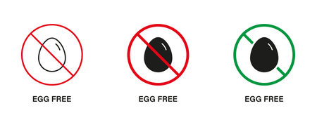 Egg Free Silhouette and Line Icon Set. Chicken and Eggs Nourishment Stop Sign. Egg Allergic Product Forbidden Symbol. Guaranteed Safe Dietary Vegan Food Logo. No Eggs. Isolated Vector Illustrationのイラスト素材
