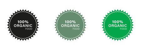100 Percent Organic Food Green and Black Icon Set. Organic Food Label. Bio Healthy Eco Food Silhouette Sign. Natural and Ecology Product Vegan Product Solid Sticker. Isolated Vector Illustrationのイラスト素材
