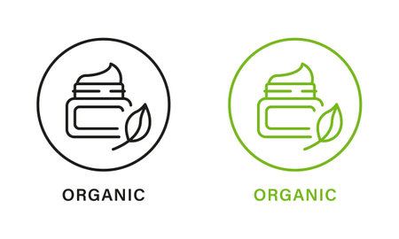 Organic Product Line Green and Black Icon Set. Cosmetic Cream Made of Natural Ingredients Outline Pictogram. Bio Eco Product. Good Quality Symbol. Organic Product Seal. Isolated Vector Illustrationのイラスト素材