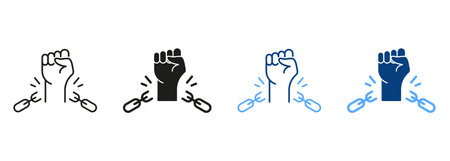 Freedom and Human Rights Silhouette and Line Icon Set. Broken Shackles with Fist Raised Up Sign. Chain of Slavery Damaged Symbol. National Freedom Day Juneteenth. Isolated Vector Illustrationのイラスト素材