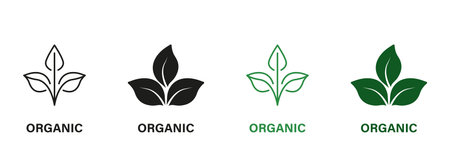 Organic Product Green and Black Icon Set. Natural Bio Healthy Eco Food Line and Silhouette Logo. Bio Organic Product, Leaf Signs. Vegan Eco Food Label. Isolated Vector Illustrationのイラスト素材