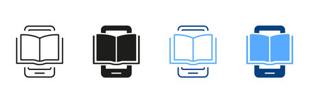 Ebook on Mobile Phone Silhouette and Line Icon Set. Electronic Book Device for Education and Leaning. E-book Reader, E-Reader Color Sign. Smartphone with Open Ebook. Vector Isolated Illustrationのイラスト素材