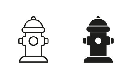 Fire Hydrant Silhouette and Line Icon Set. Fire Extinguishing Hydrant Black Sign Collection. Isolated Vector Illustrationのイラスト素材