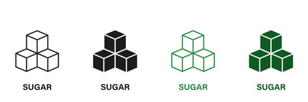 Sugar Cubes Line and Silhouette Icon Set. Low Glucose Green and Black Pictogram. Healthy Sweet Vegan Product Symbol Collection on White Background. Isolated Vector Illustrationのイラスト素材
