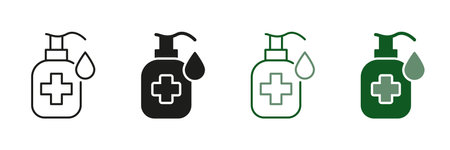 Hygiene Product Symbol Collection. Hand Sanitizer Bottle Line and Silhouette Icon Set. Antiseptic Liquid, Sanitizer to Kill Bacteria. Disinfection Alcohol Pump Bottle. Isolated Vector illustrationのイラスト素材