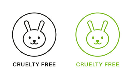 Cruelty Free Line Green and Black Icon Set. No Tested on Animal Beauty Cosmetic Makeup Natural Product Outline Pictogram. Rabbit Symbol of Care Animal Rights Icon. Isolated Vector Illustrationのイラスト素材