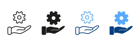 Technology Support, Cog Wheel Black and Color Pictogram. Hand Holds Gear Line and Silhouette Icon Set. Technical Maintenance Symbol Collection on White Background. Isolated Vector Illustrationのイラスト素材