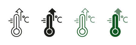 Increased Temperature of Human Body. High Temperature Scale Line and Silhouette Icon Set. Flu, Cold, Virus, Fever Symptoms Symbol Collection. Thermometer with Arrow Up Pictogram. Vector illustrationのイラスト素材