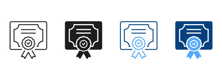 Diploma Silhouette and Line Icon Set. Certificate with License Badge Color Sign. Winner Medal Pictogram. The Award, Grant, Diploma Symbol Collection. Isolated Vector Illustrationのイラスト素材